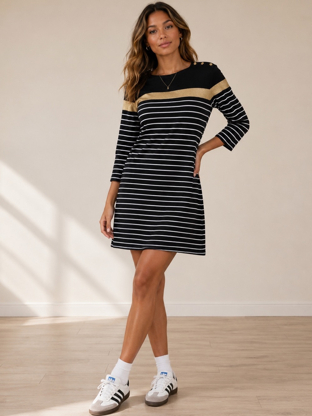 Ralph Lauren Black & White Striped Dress with Gold Detail - EUC